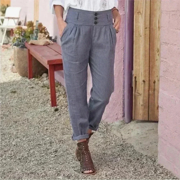 NEW Sundance Amelia Linen Blend Pinstripe Trouser Pants in Blue Gray Sz 12P - Picture 1 of 10